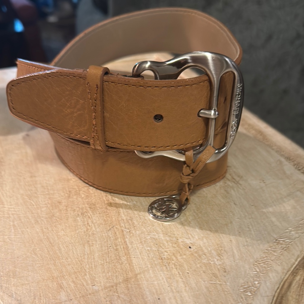 Michael Kors Tan And Silver Leather Belts With Silver Buckles